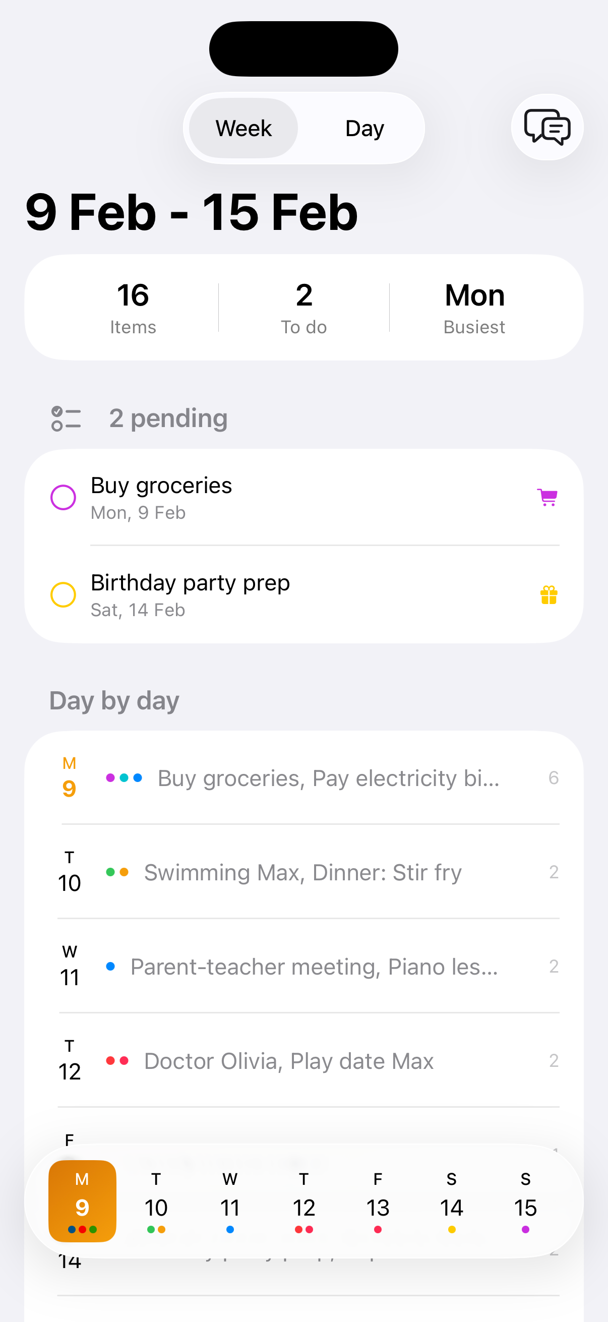 Honeycomb family planner with week summary